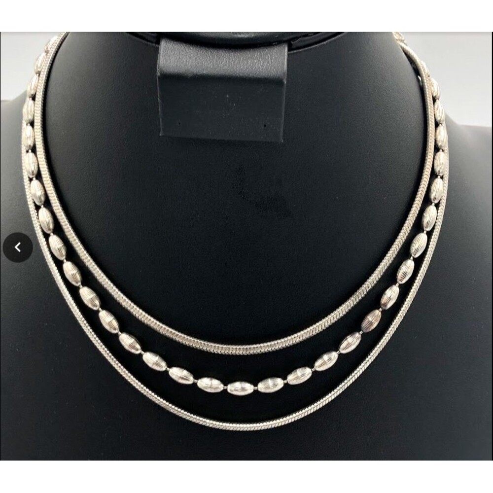 Vintage Triple Strand Necklace Silver Tone Herringbone Chains Oval Beads 17 in